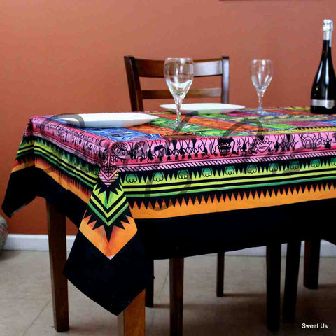Cotton African Tribal Tablecloth Rectangle 60x85 Blue Green Orange Pink Black