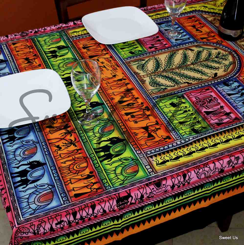 Cotton African Tribal Tablecloth Rectangle 60x85 Blue Green Orange Pink Black