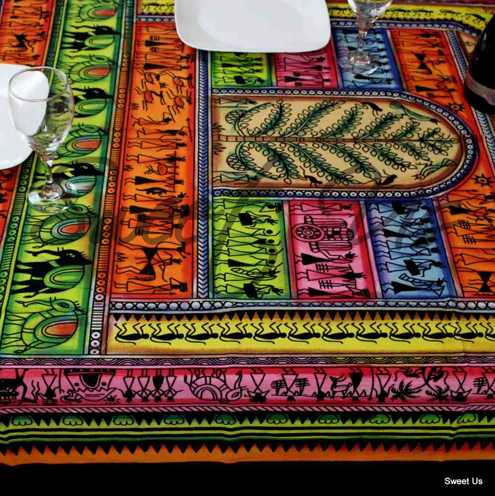 Cotton African Tribal Tablecloth Rectangle 60x85 Blue Green Orange Pink Black