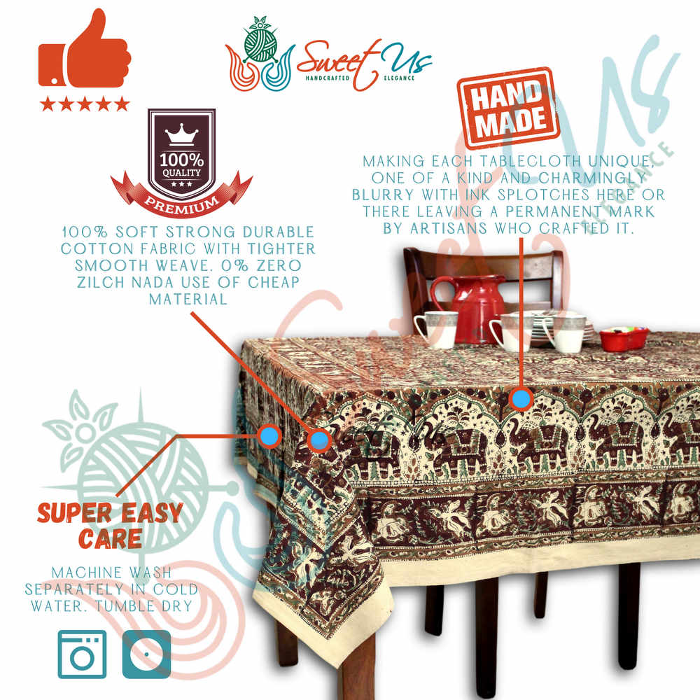 Cotton Block Print Floral Elephant Kalamkari Tablecloth Rectangle Burgundy Beige