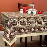 Cotton Block Print Floral Elephant Kalamkari Tablecloth Rectangle Burgundy Beige