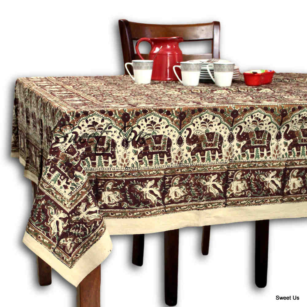 Cotton Block Print Floral Elephant Kalamkari Tablecloth Rectangle Burgundy Beige