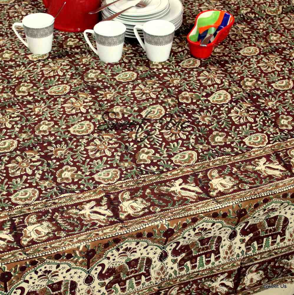 Cotton Block Print Floral Elephant Kalamkari Tablecloth Rectangle Burgundy Beige