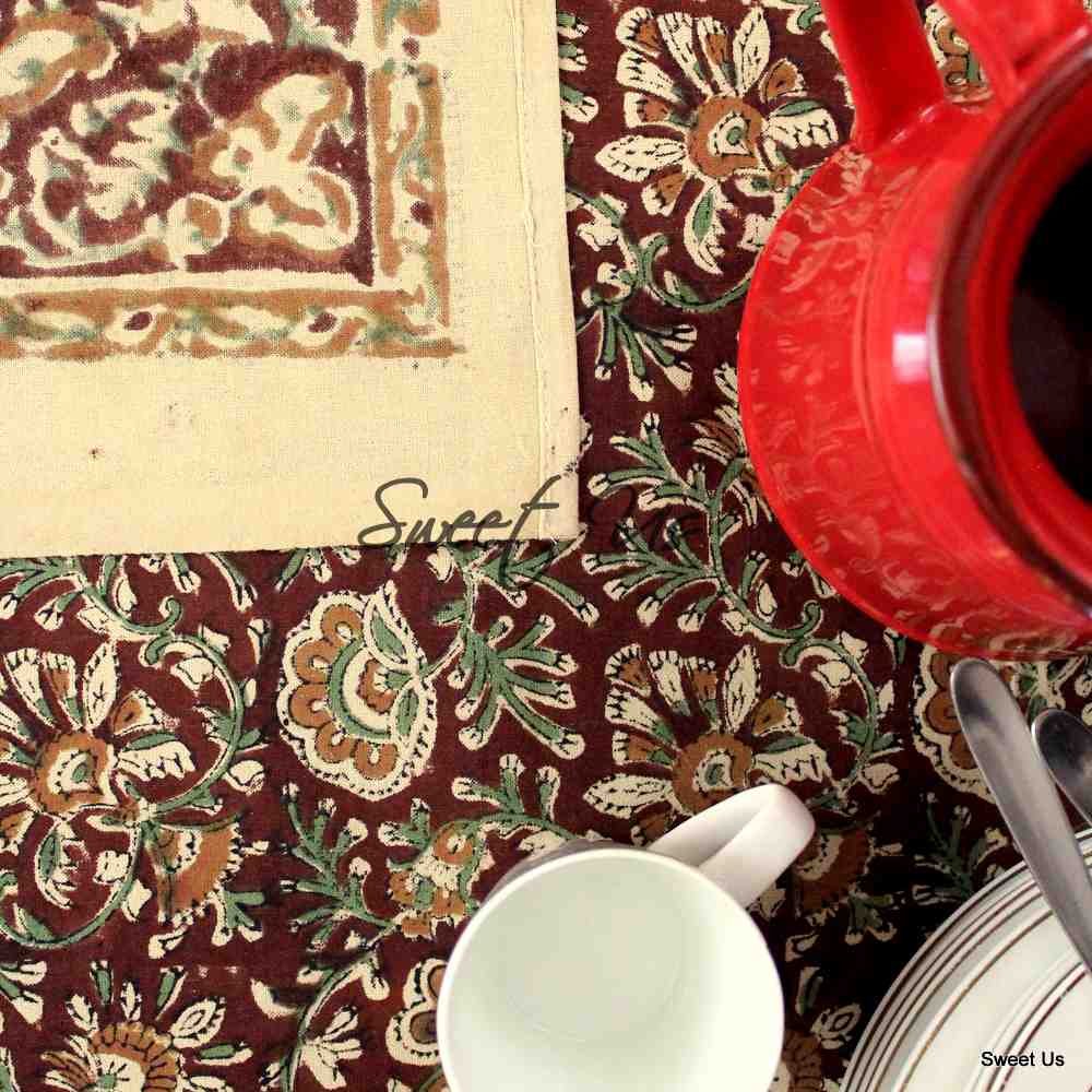 Cotton Block Print Floral Elephant Kalamkari Tablecloth Rectangle Burgundy Beige