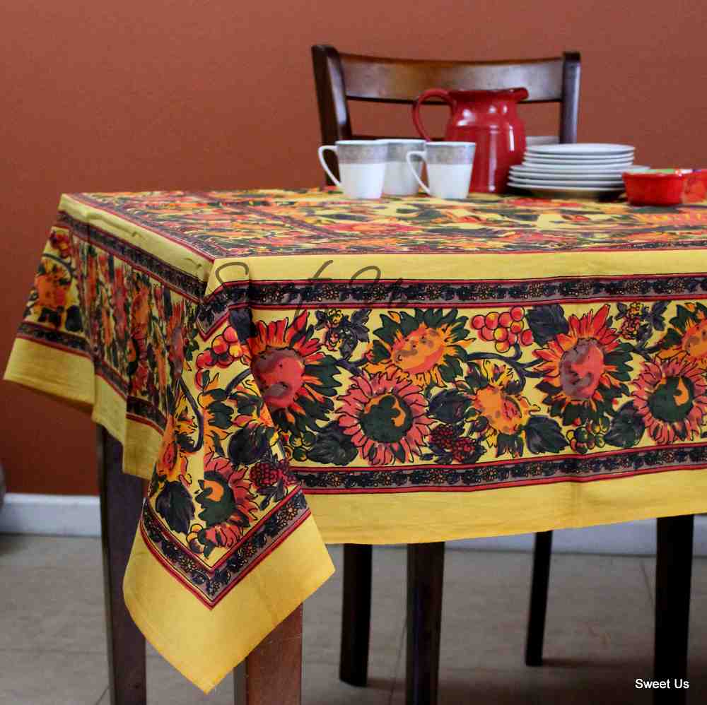 Cotton French Floral Tablecloth Rectangle Orange Blue Yellow Kitchen Dining Linen