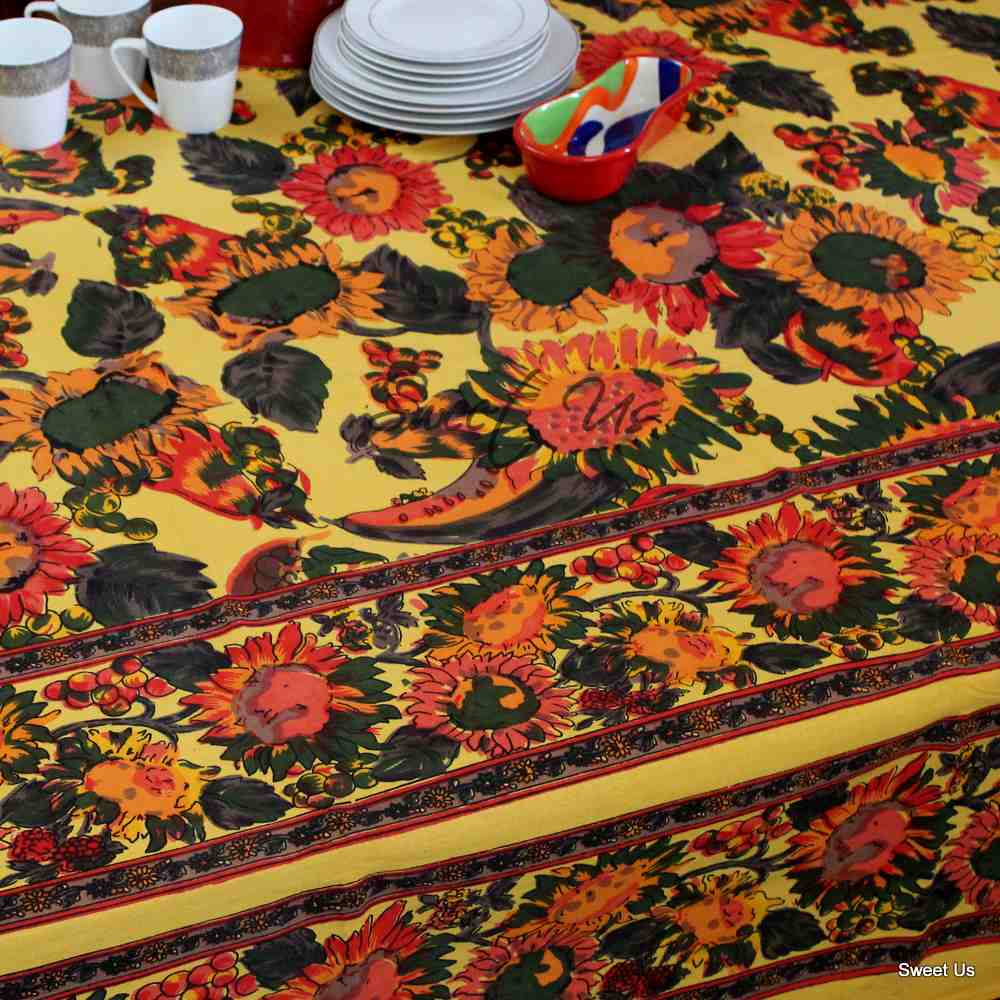 Cotton French Floral Tablecloth Rectangle Orange Blue Yellow Kitchen Dining Linen