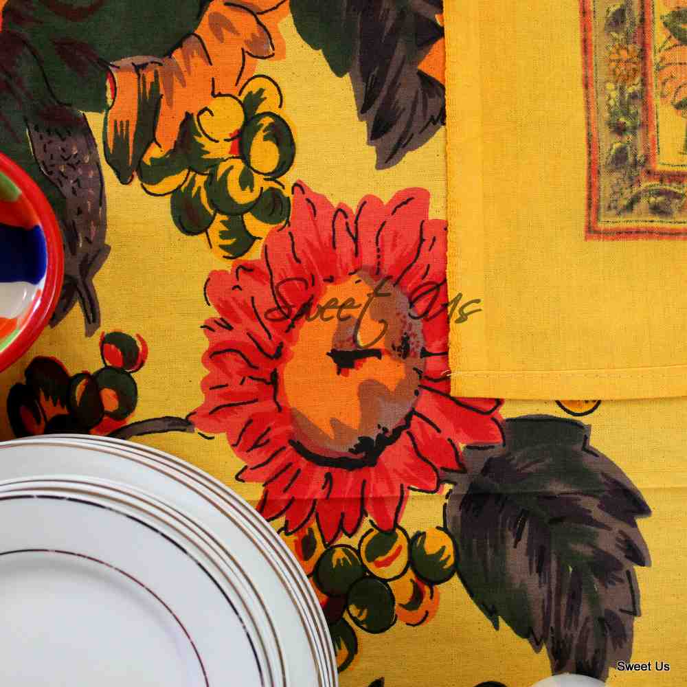 Cotton French Floral Tablecloth Rectangle Orange Blue Yellow Kitchen Dining Linen