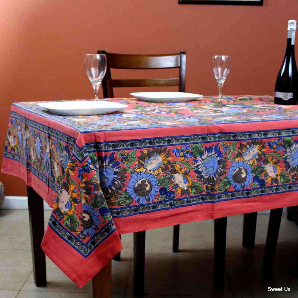 Cotton French Floral Tablecloth Rectangle Orange Blue Yellow Kitchen Dining Linen