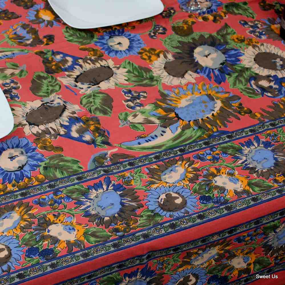 Cotton French Floral Tablecloth Rectangle Orange Blue Yellow Kitchen Dining Linen