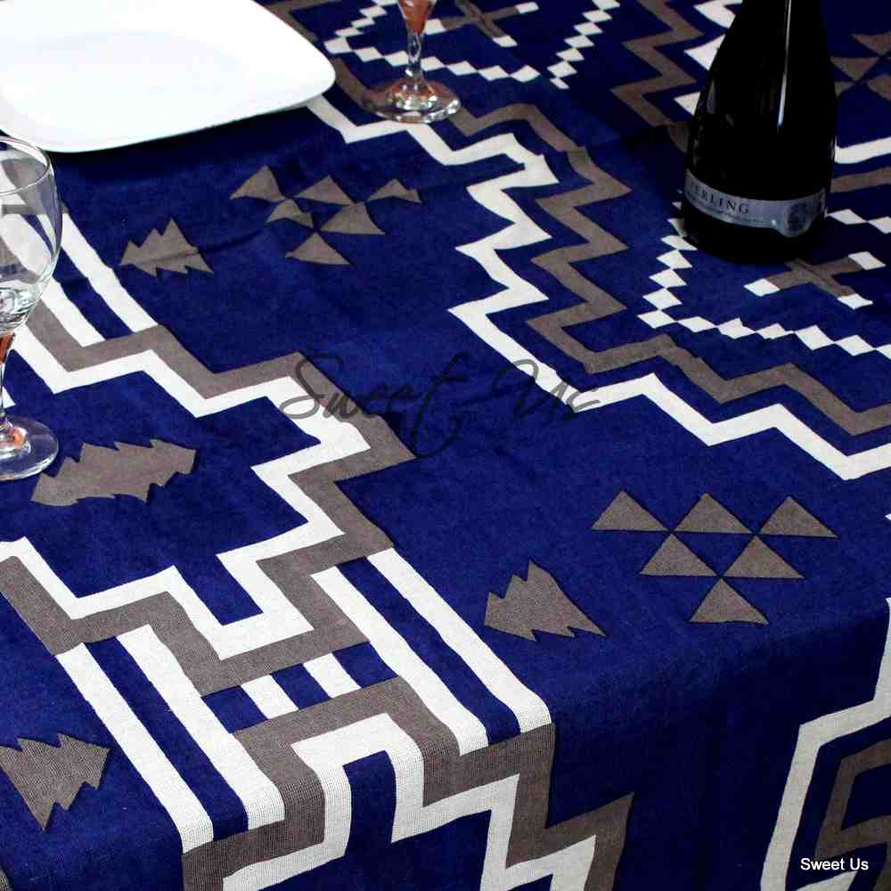 Cotton Native American Aztec Tablecloth Rectangle 60x90 Blue Gray Kitchen Linen
