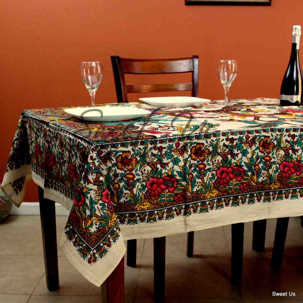 Cotton Tree of Life Peacock Tablecloth Rectangle Beige Kitchen Dining Linen