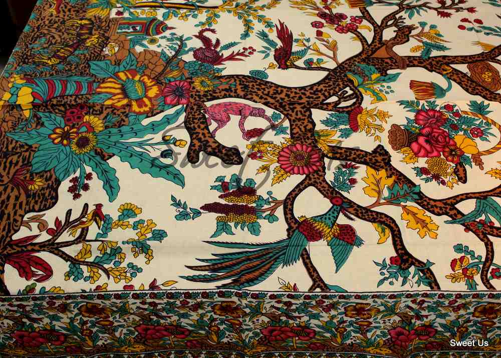 Cotton Tree of Life Peacock Tablecloth Rectangle Beige Kitchen Dining Linen