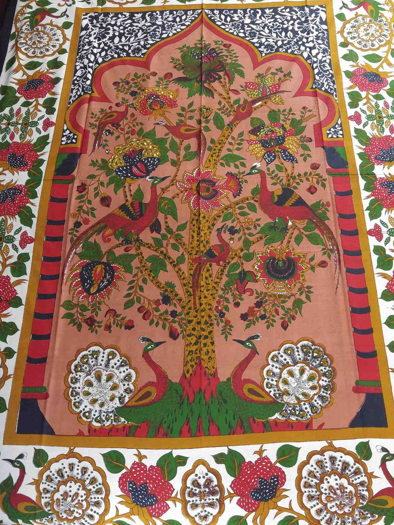 Cotton Tree of Life Floral Tapestry Peacock Tablecloth Rectangular Red Green - Sweet Us