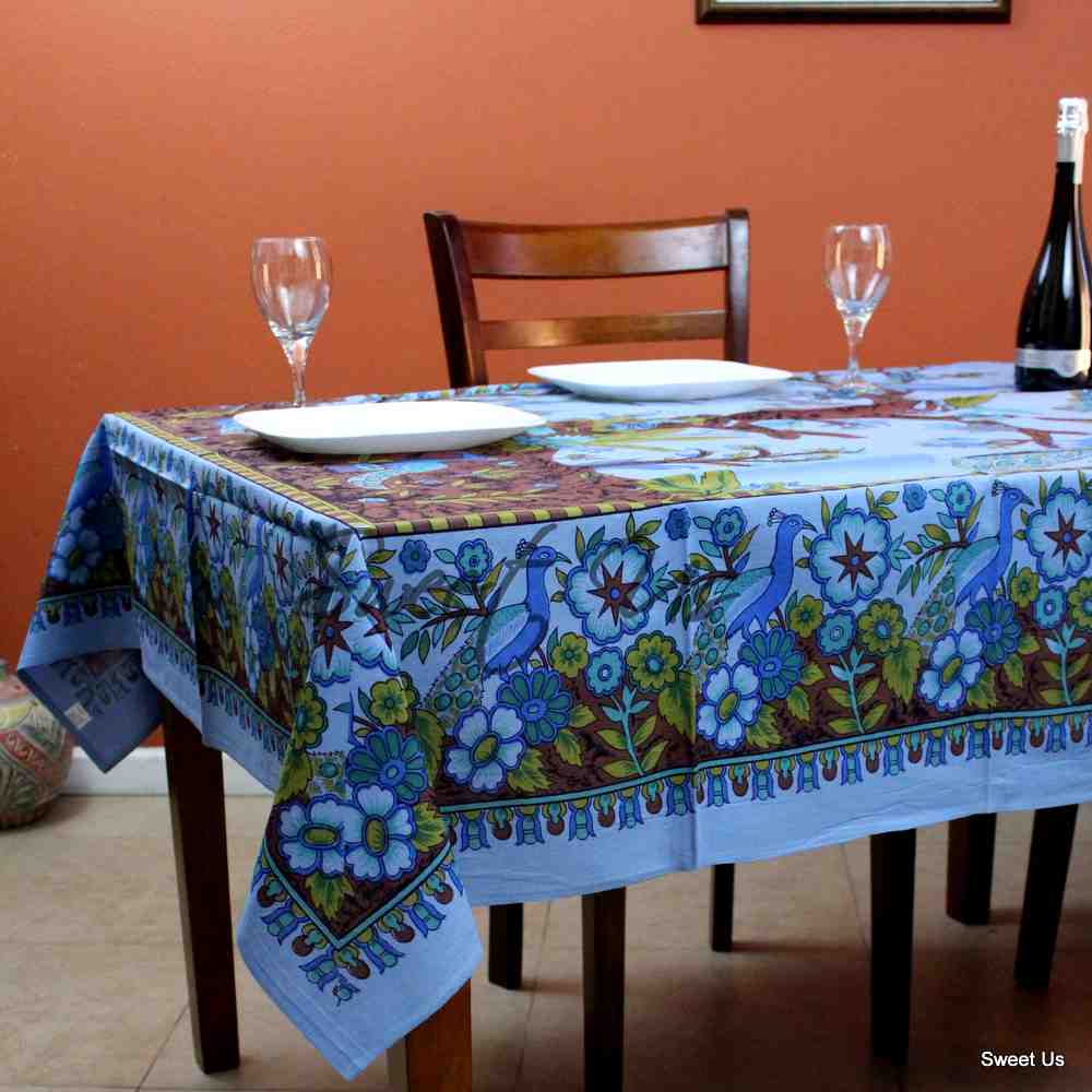 Cotton Tree of Life Peacock Tablecloth Rectangle 85x60 Blue Kitchen Dining Linen