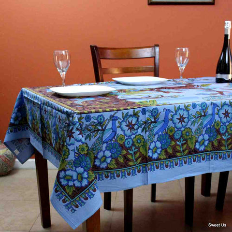 Cotton Tree of Life Peacock Tablecloth Rectangle 85x60 Blue Kitchen Dining Linen