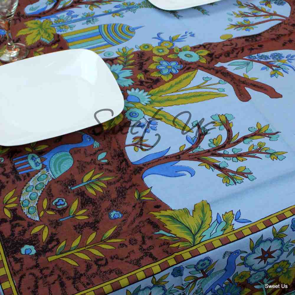 Cotton Tree of Life Peacock Tablecloth Rectangle 85x60 Blue Kitchen Dining Linen