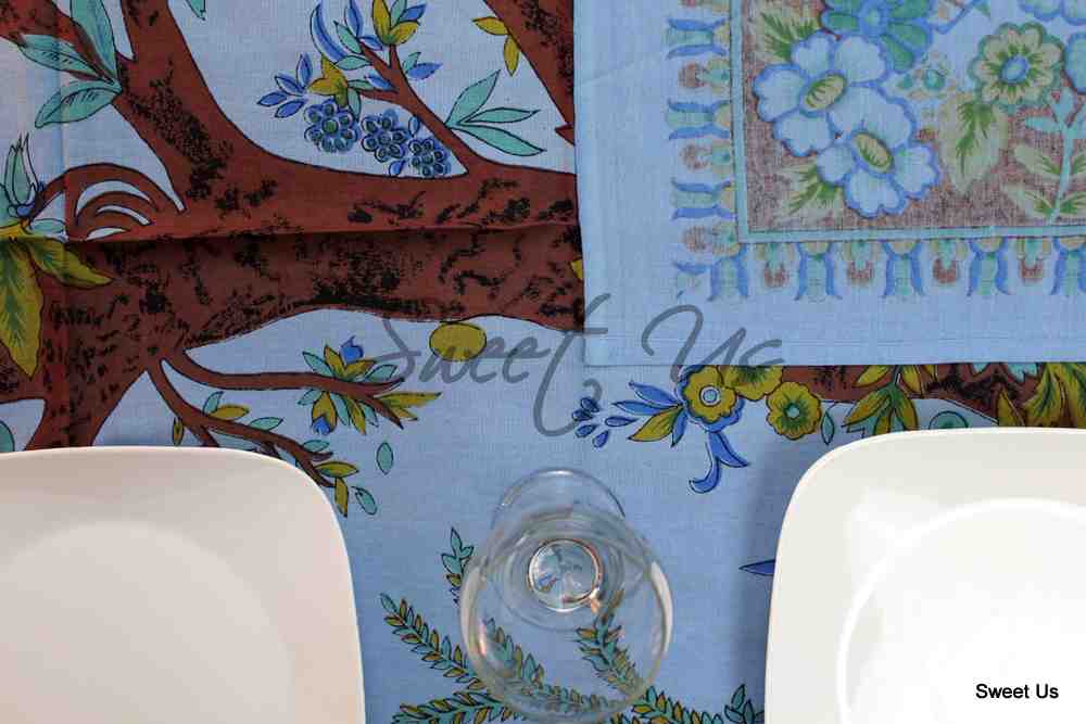 Cotton Tree of Life Peacock Tablecloth Rectangle 85x60 Blue Kitchen Dining Linen