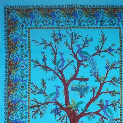 Unique Handmade 100% Cotton Tree of Life Peacock Tapestry Tablecloth Blue 85x60 - Sweet Us