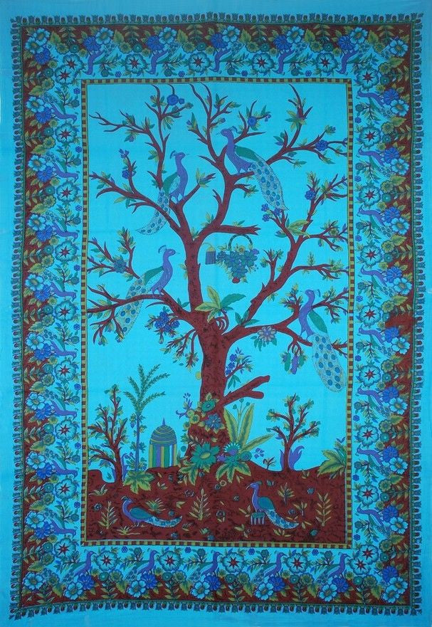 Unique Handmade 100% Cotton Tree of Life Peacock Tapestry Tablecloth Blue 85x60 - Sweet Us