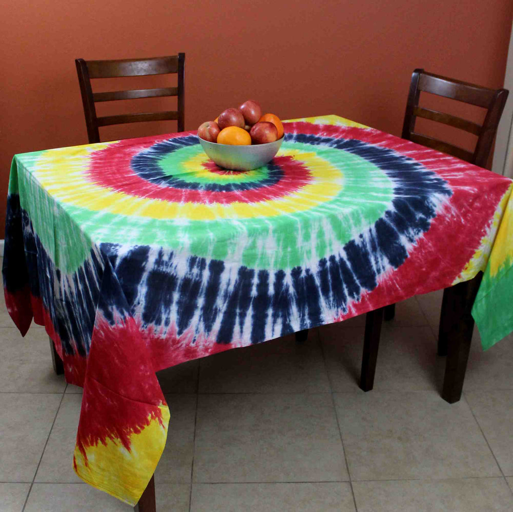 Tie Dye Tablecloth Rectangular Tapestry Cotton 60 x 90 inches Yellow Red Blue - Sweet Us