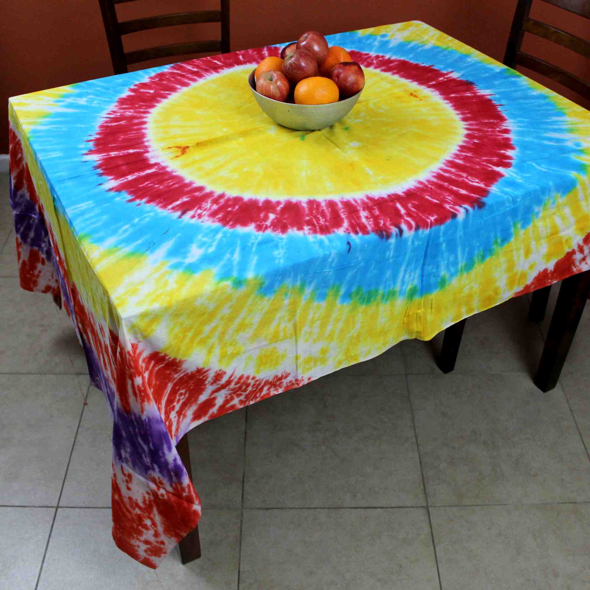 Tie Dye Tablecloth Rectangular Tapestry Cotton 60 x 90 inches Yellow Red Blue - Sweet Us