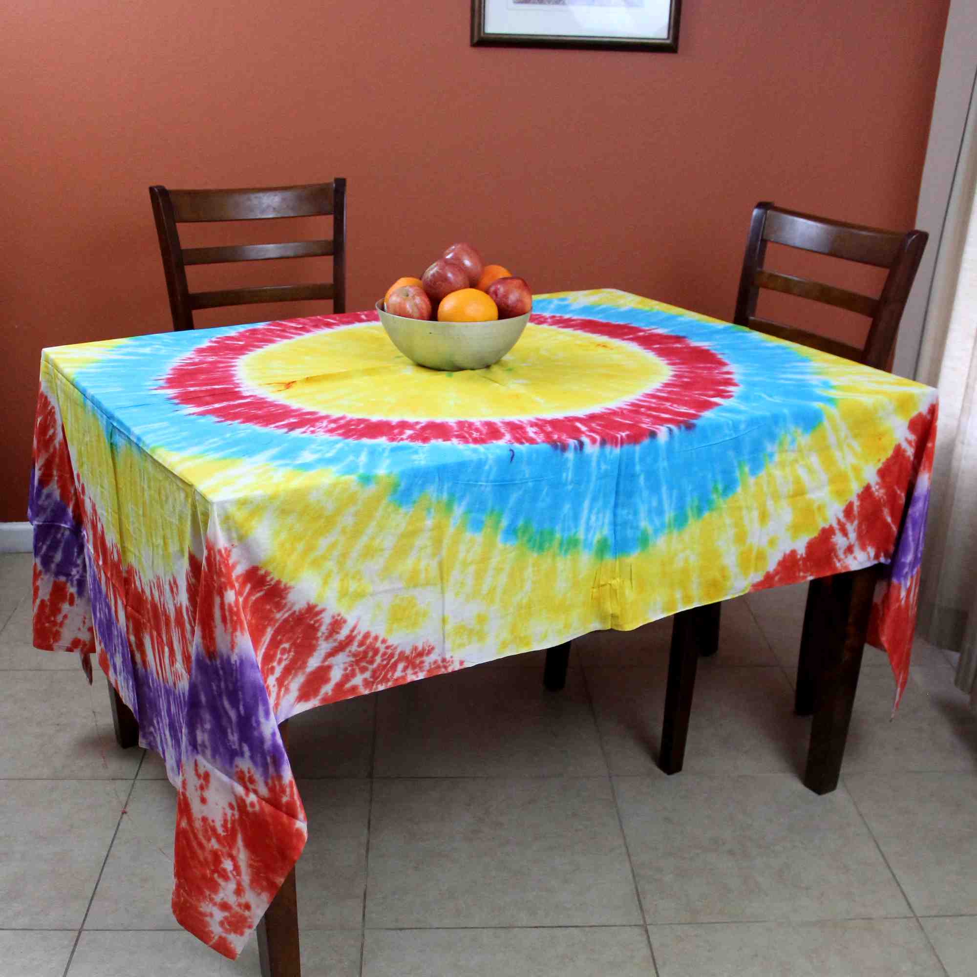Tie Dye Tablecloth Rectangular Tapestry Cotton 60 x 90 inches Yellow Red Blue - Sweet Us