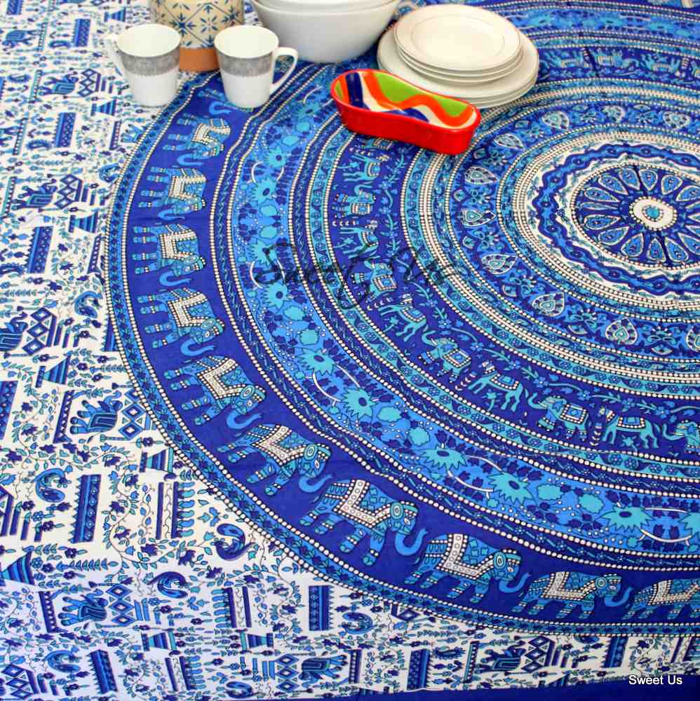 Cotton Tusker Bloom Tablecloth Rectangle, Tapestry, Ocean Mist