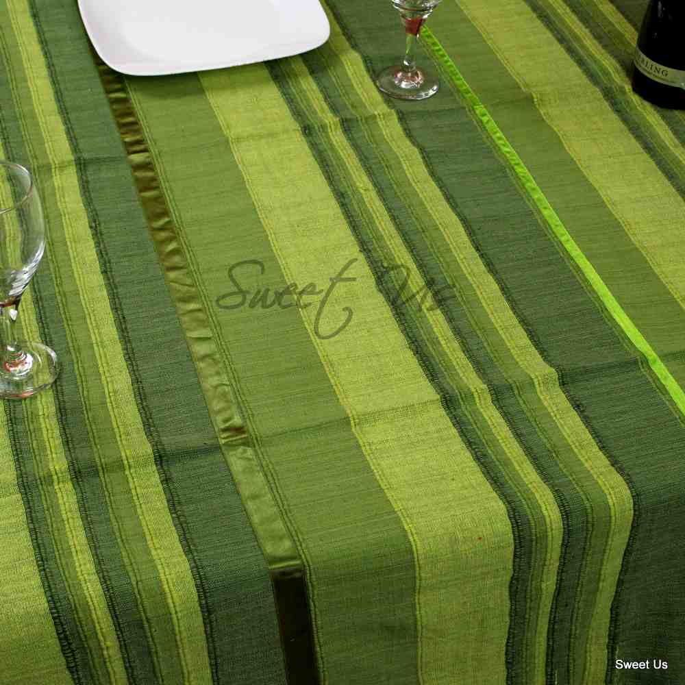 Heavy Cotton Striped Ribbed Floral Tablecloth Rectangle Yellow Green