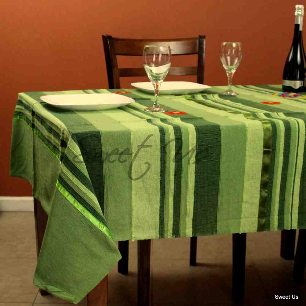 Heavy Cotton Striped Ribbed Floral Tablecloth Rectangle Yellow Green
