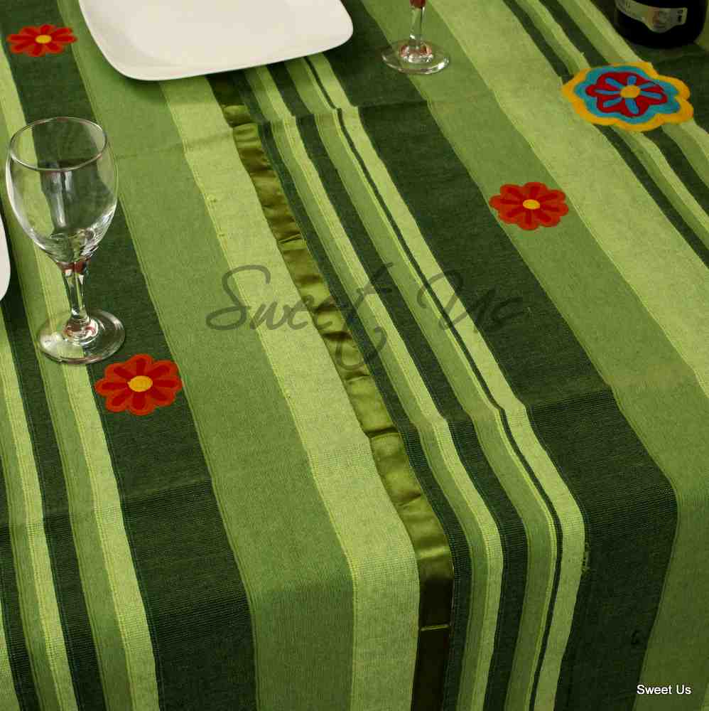 Heavy Cotton Striped Ribbed Floral Tablecloth Rectangle Yellow Green
