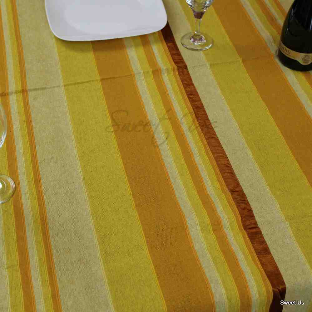 Heavy Cotton Striped Ribbed Floral Tablecloth Rectangle Yellow Green