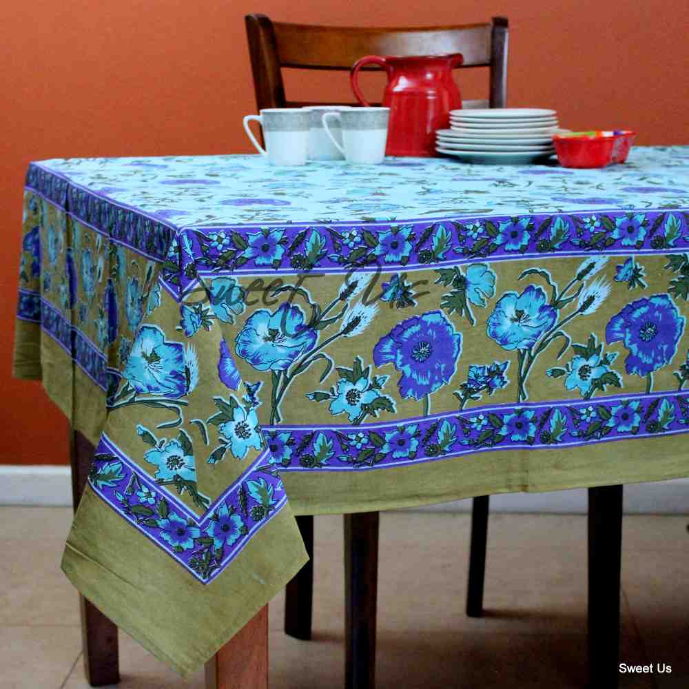 Cotton Floral Tablecloth Rectangle 70x104 Red Gold Blue Kitchen Dining Linen