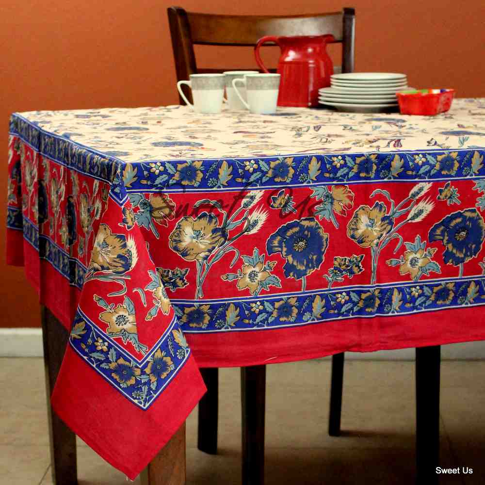 Cotton Floral Tablecloth Rectangle 70x104 Red Gold Blue Kitchen Dining Linen