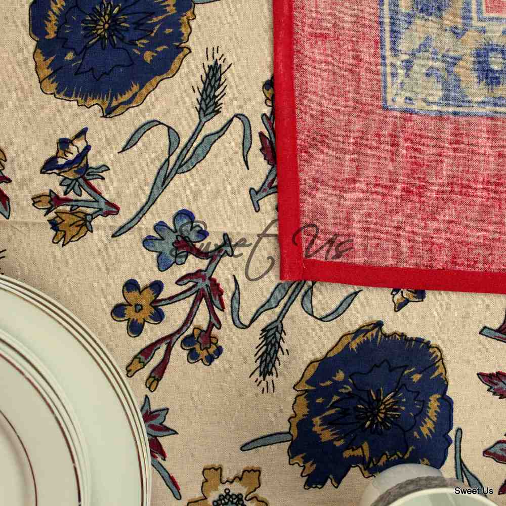 Cotton Floral Tablecloth Rectangle 70x104 Red Gold Blue Kitchen Dining Linen