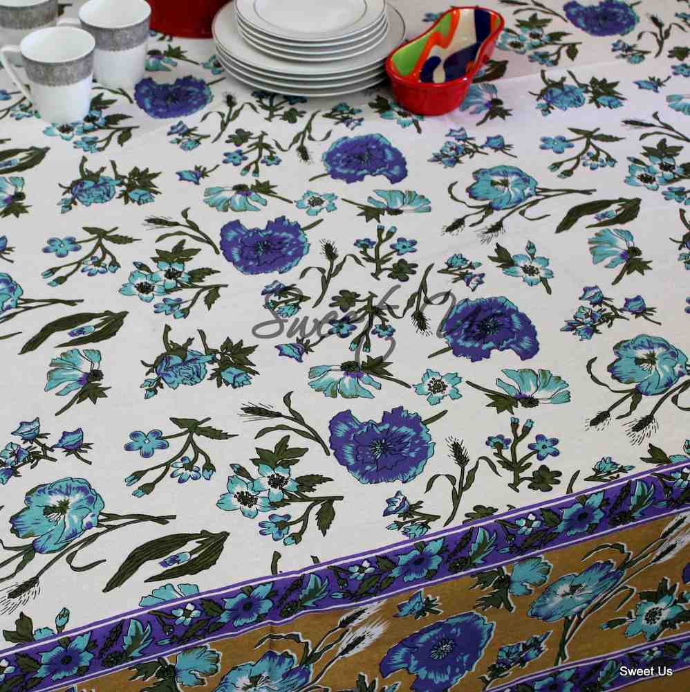 Cotton Floral Tablecloth Rectangle 70x104 Red Gold Blue Kitchen Dining Linen