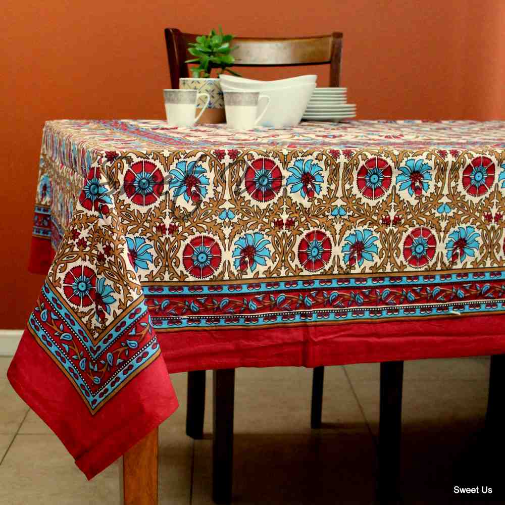 Cotton Floral Geometric Tablecloth for Rectangle Tables Bed sheet Queen Red