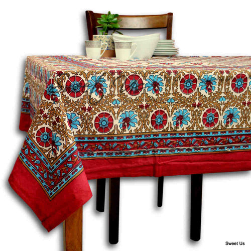 Cotton Floral Geometric Tablecloth for Rectangle Tables Bed sheet Queen Red - Sweet Us