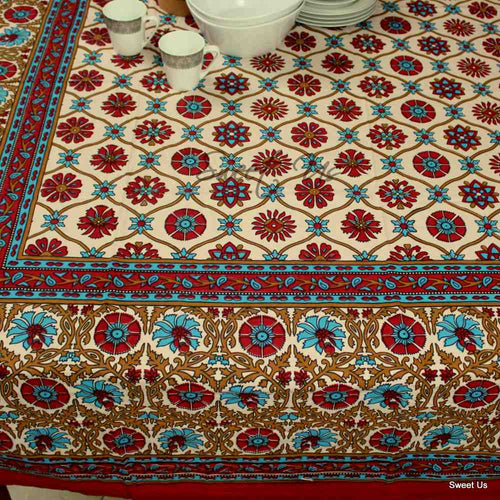 Cotton Floral Geometric Tablecloth for Rectangle Tables Bed sheet Queen Red - Sweet Us