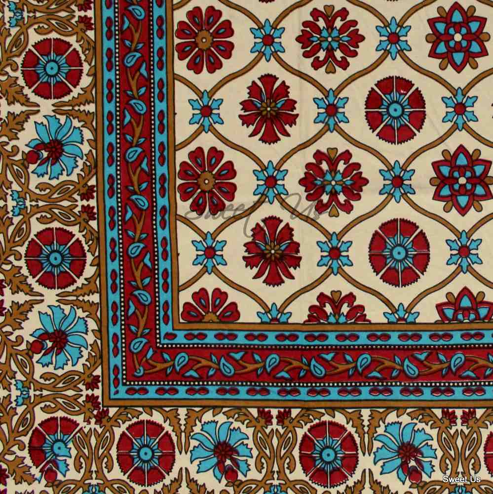 Cotton Floral Geometric Tablecloth for Rectangle Tables Bed sheet Queen Red