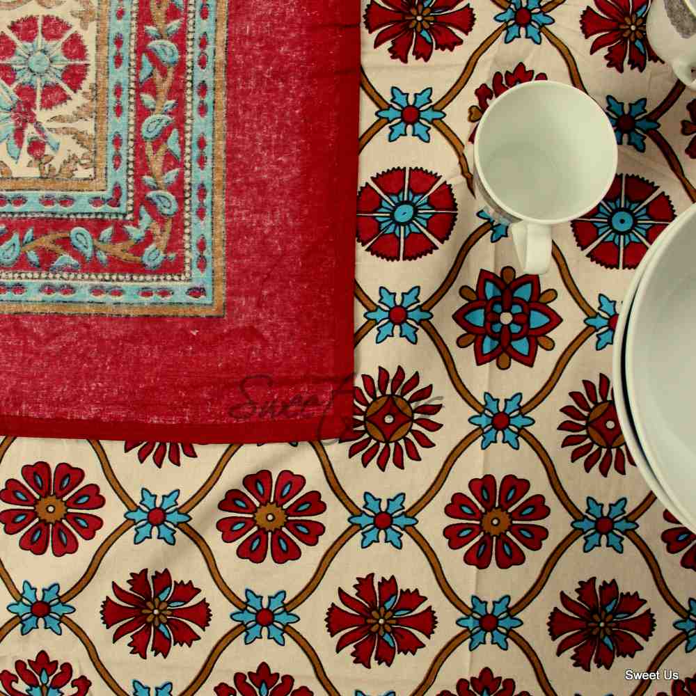 Cotton Floral Geometric Tablecloth for Rectangle Tables Bed sheet Queen Red