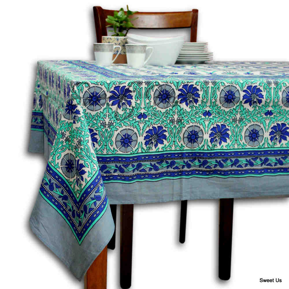 Cotton Floral Geometric Tablecloth Rectangle Blue Turquoise Gray White