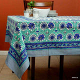 Cotton Floral Geometric Tablecloth Rectangle Blue Turquoise Gray White