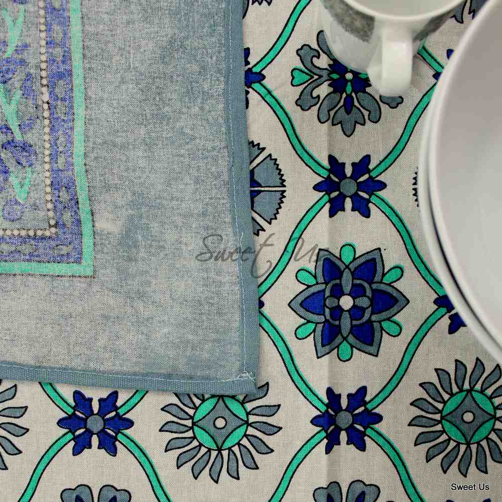 Cotton Floral Geometric Tablecloth Rectangle Blue Turquoise Gray White
