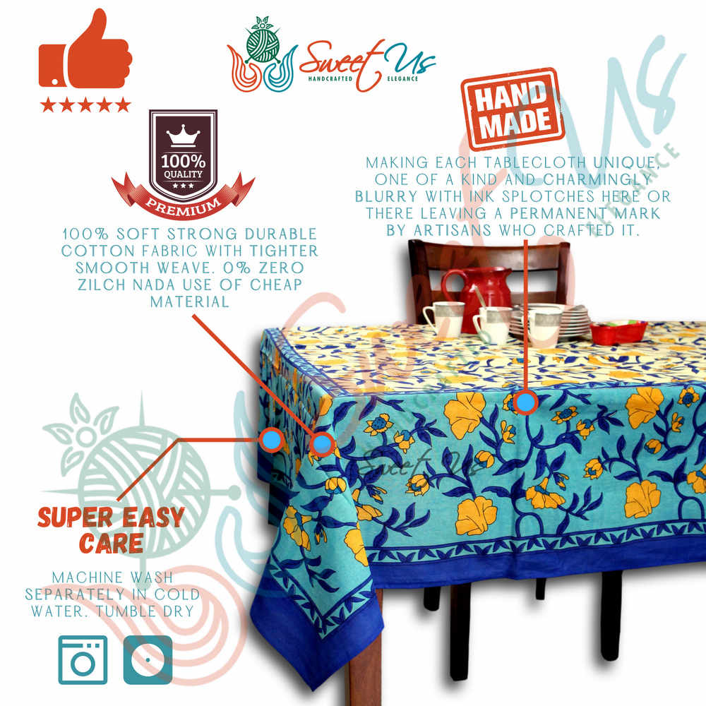 Regal Blooms Cotton Floral Tablecloth Rectangle, Sapphire Glow