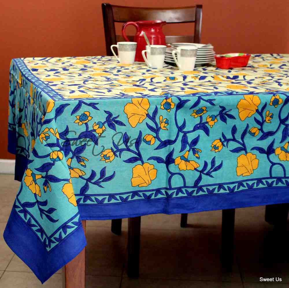Regal Blooms Cotton Floral Tablecloth Rectangle, Sapphire Glow