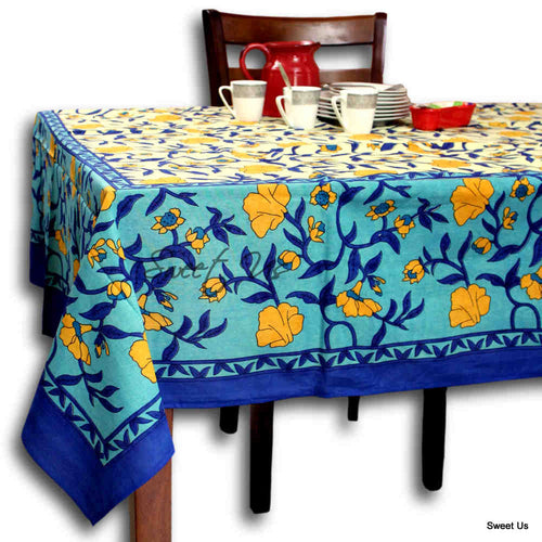 Regal Blooms Cotton Floral Tablecloth Rectangle — Sapphire Glow - Sweet Us
