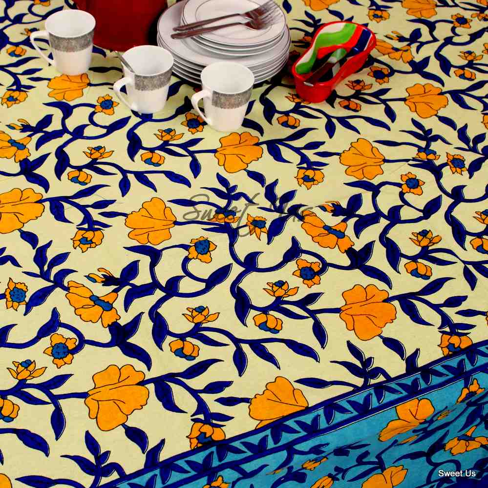 Regal Blooms Cotton Floral Tablecloth Rectangle, Sapphire Glow