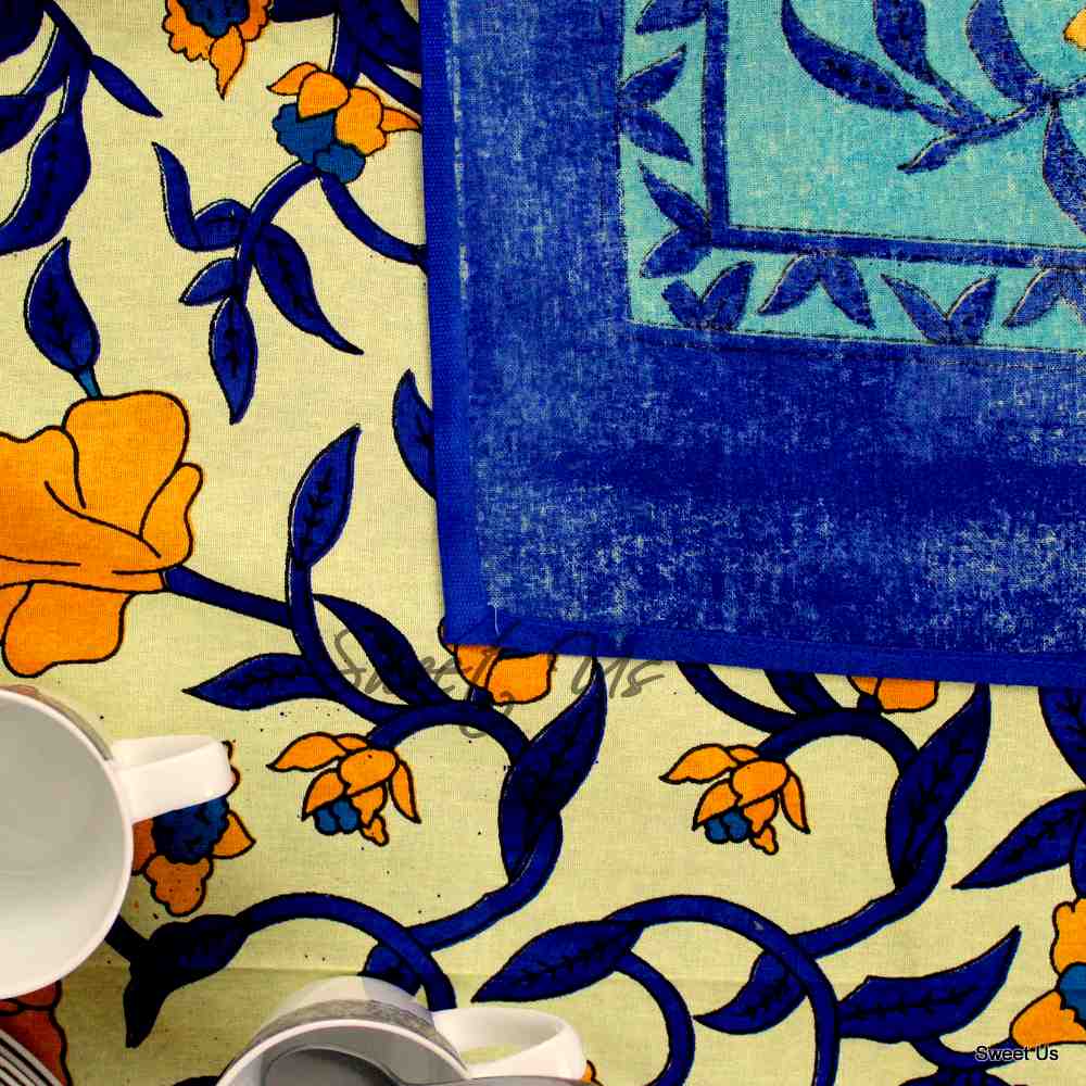 Regal Blooms Cotton Floral Tablecloth Rectangle, Sapphire Glow