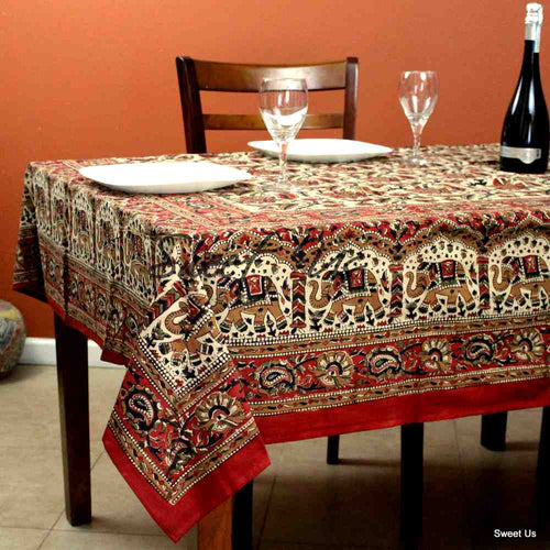 Block Print Floral Paisley Elephant Tablecloth Rectangle 70x102 Beige Gold Red - Sweet Us
