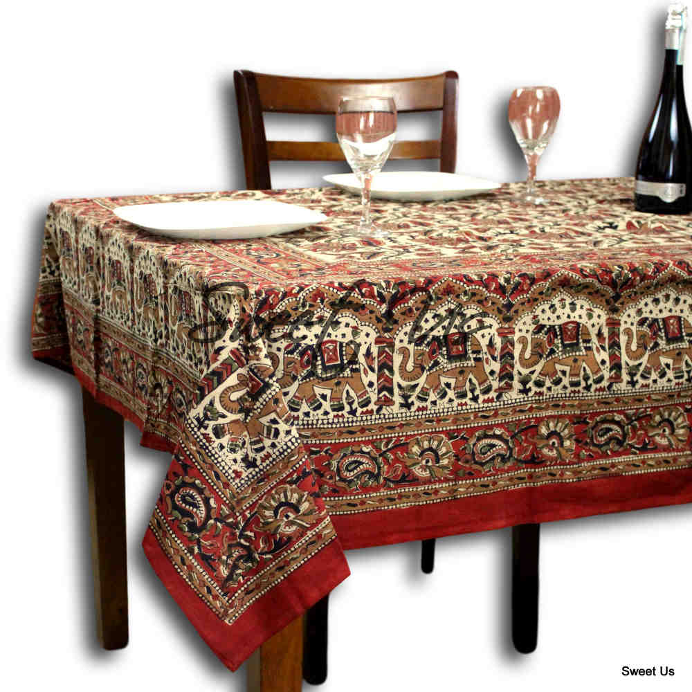Block Print Floral Paisley Elephant Tablecloth Rectangle 70x102 Beige Gold Red